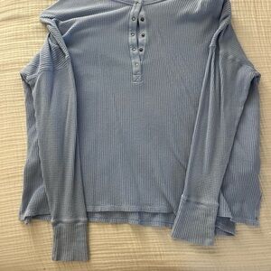 Women's Blue Waffle Knit Henley Top